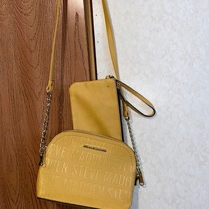 yellow steve madden worn once cross body bag that comes with a matching wallet